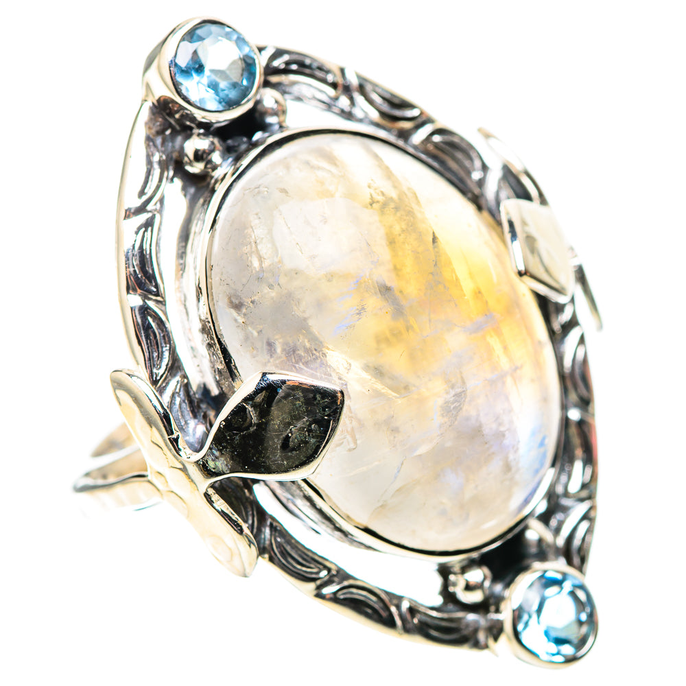 Ornate silver oval moonstone ring with three blue gemstone accents