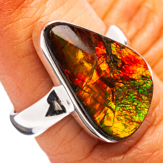 Canadian ammolite ring, .925 sterling silver, teardrop iridescent red-green stone