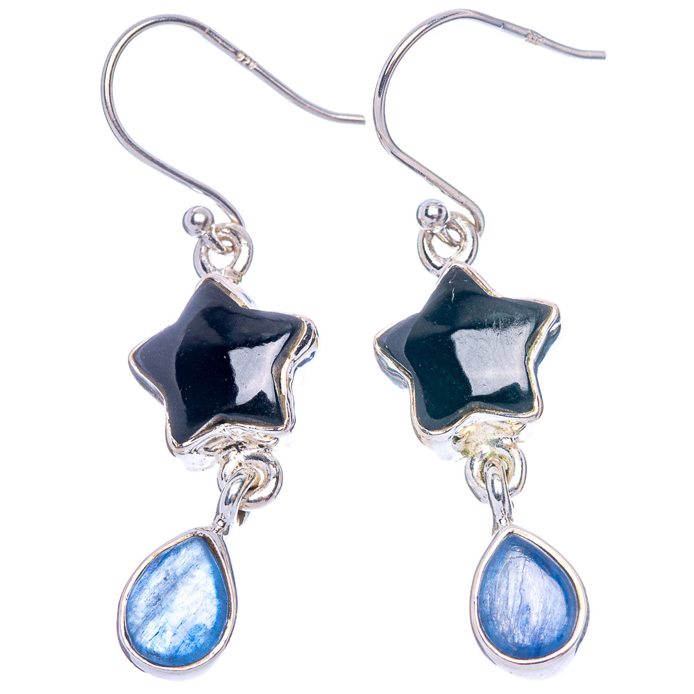 Star and teardrop kyanite dangle earrings on silver hooks, black star, blue drops