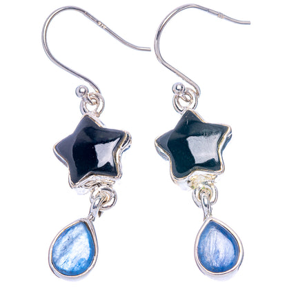 Star and teardrop kyanite dangle earrings on silver hooks, black star, blue drops
