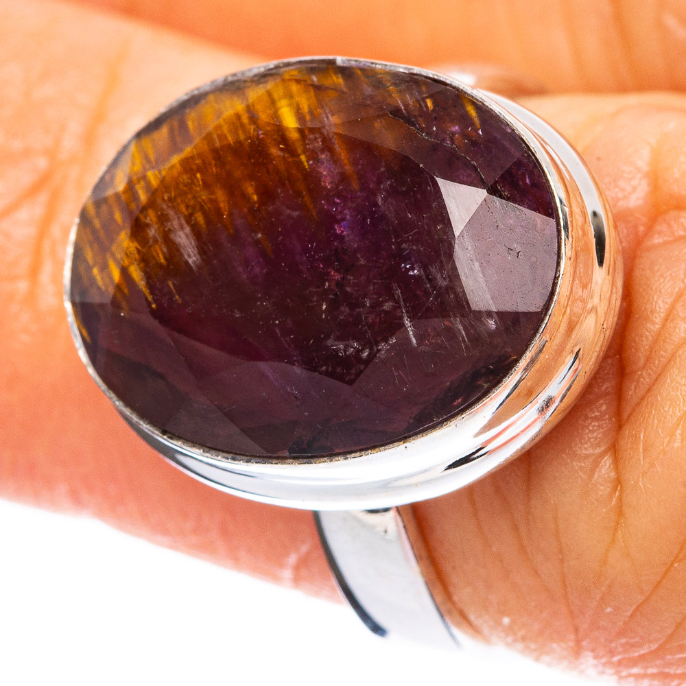 925 sterling silver ring with oval purple-violet gemstone cabochon and polished bezel