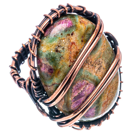 Oxidized copper wire wrap ring, oval green and purple stone with braided ring band