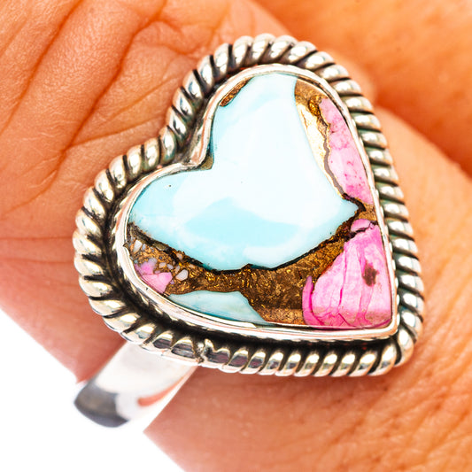 Turquoise heart ring in .925 silver with rope bezel and pink accents