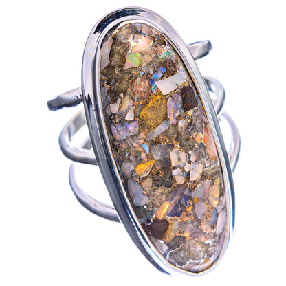 Oval sterling silver opal ring with colorful brecciated gemstone, open band