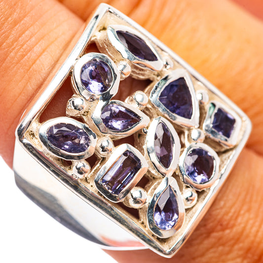 Sterling silver ring with square setting and blue-purple oval gemstones, prong mount