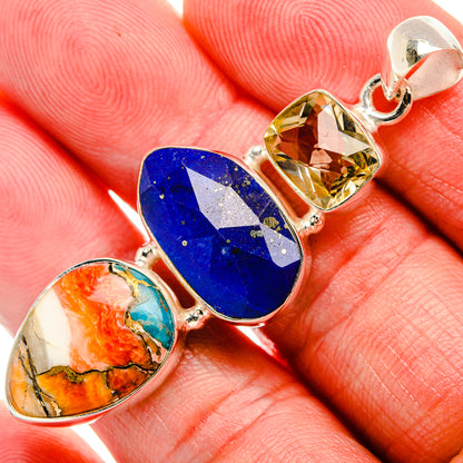 Spiny Oyster Turquoise, Lapis Lazuli, Smoky Quartz 925 Sterling Silver Pendant 2 1/8" (925 Sterling Silver) PD38280