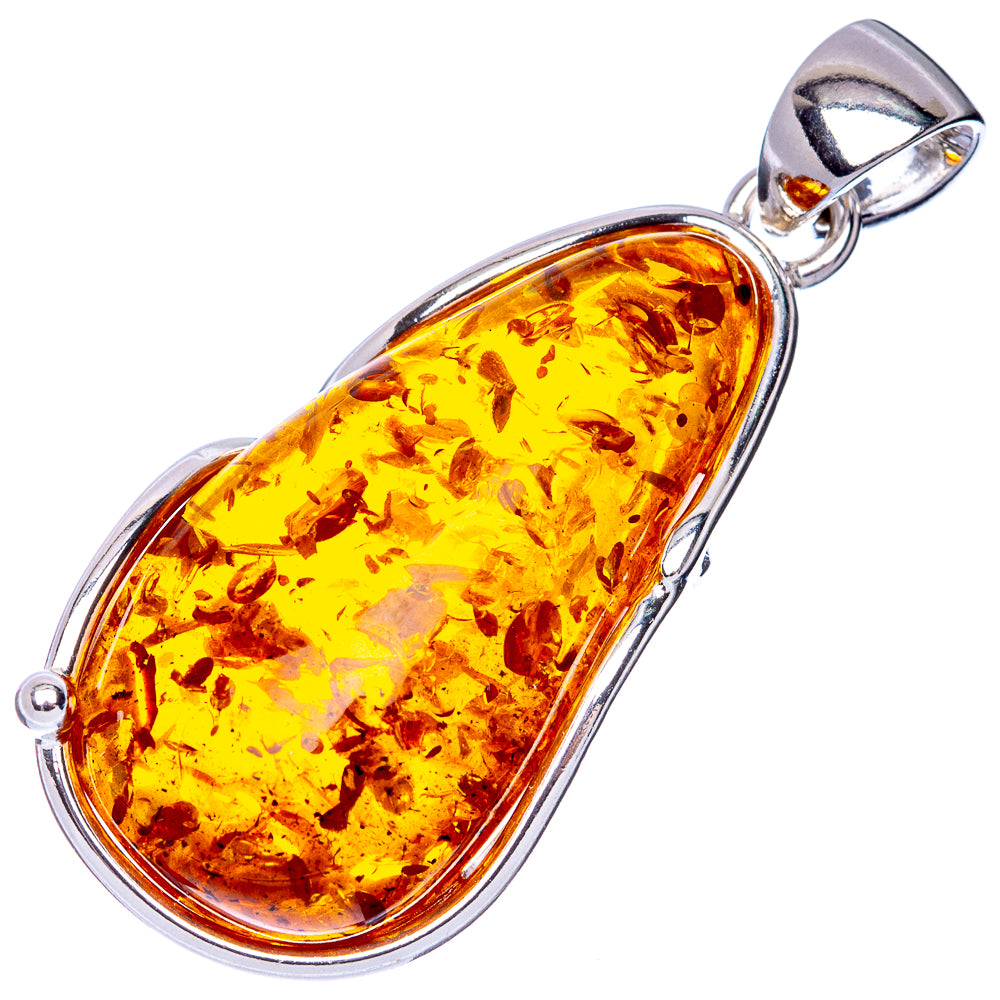 Sterling silver teardrop amber pendant with translucent yellow Baltic amber stone.