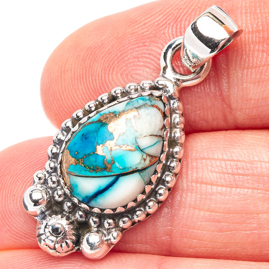 Sterling silver pendant with oval turquoise inlay teardrop bail, ornate border