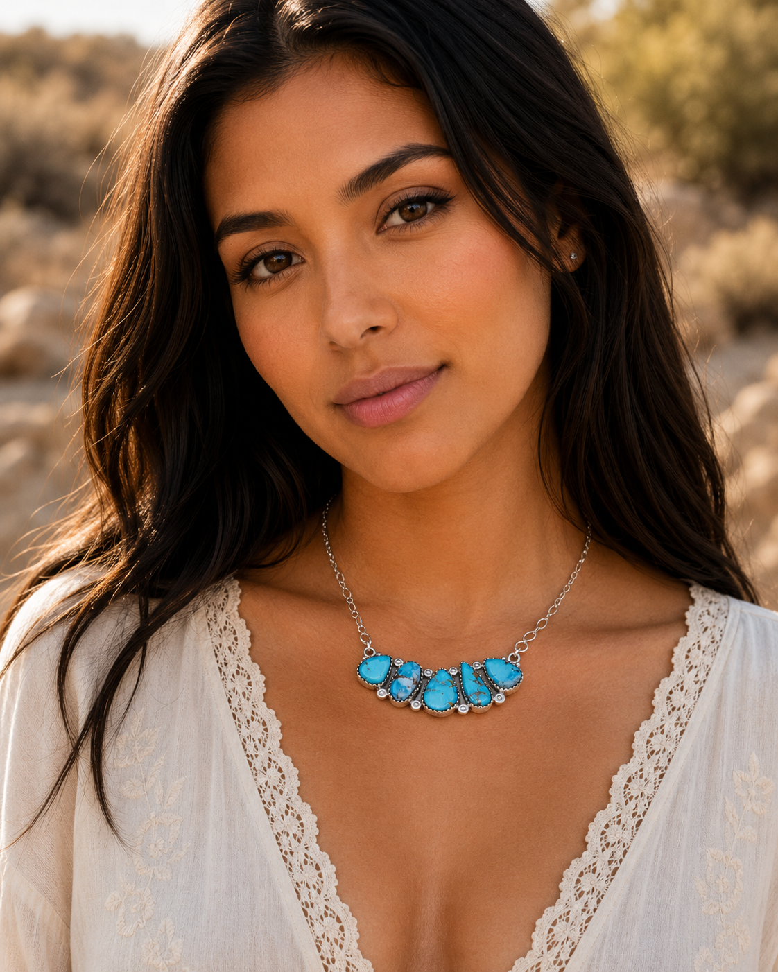 Southwestern Style Golden Hills Turquoise Necklace 10 to 20" (.925 Sterling Silver)
