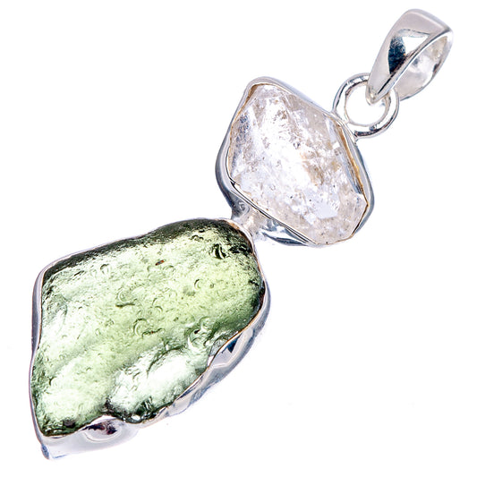 Sterling silver pendant with green and clear rough stones, loop bail in bezel settings