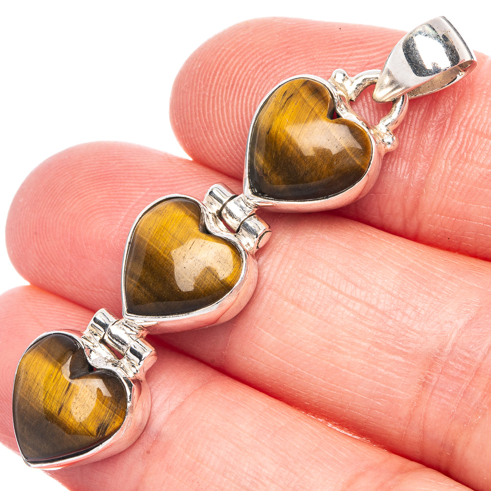 Tri-heart tiger eye pendant in sterling silver, heart-shaped stones with clasp bail