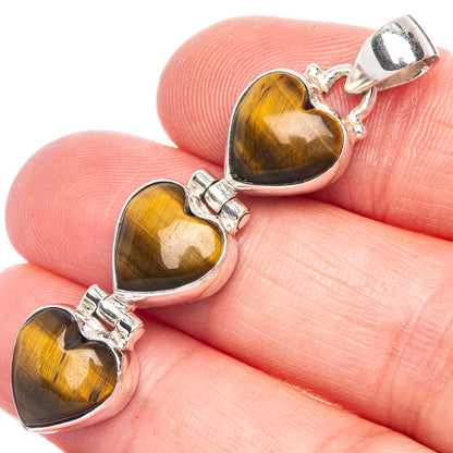 Tri-heart tiger eye pendant in sterling silver, heart-shaped stones with clasp bail