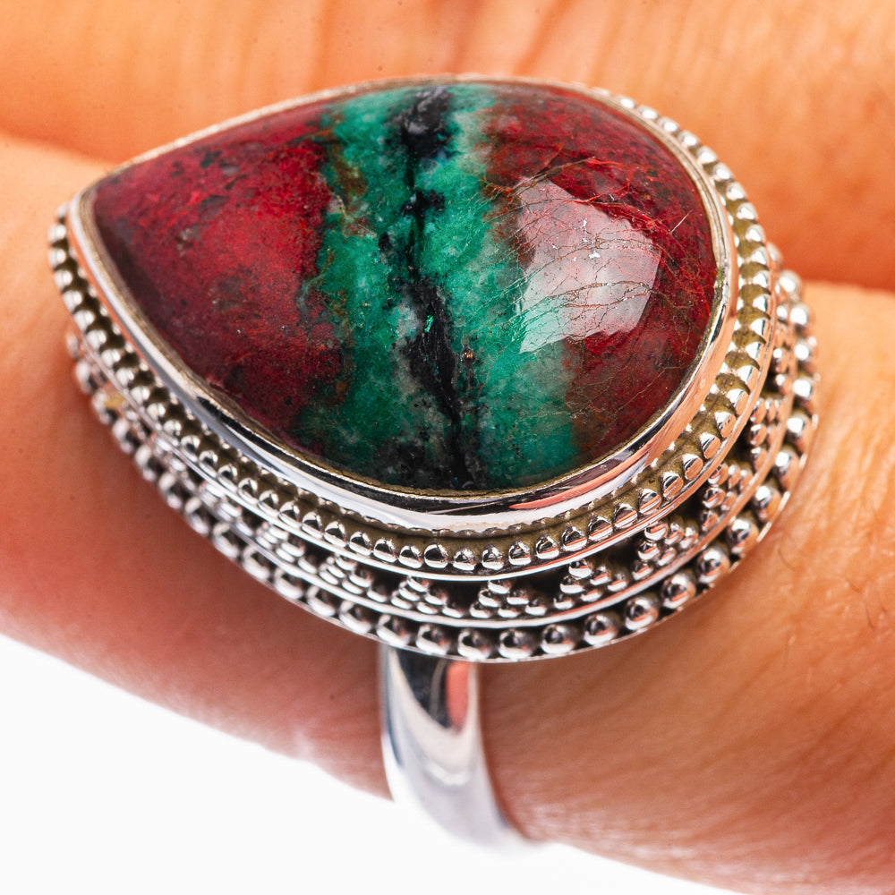 925 sterling silver teardrop ring with red-green marbled bloodstone cabochon