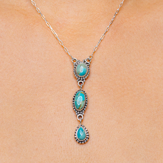 Turquoise teardrop necklace with three oval stones on .925 sterling silver chain