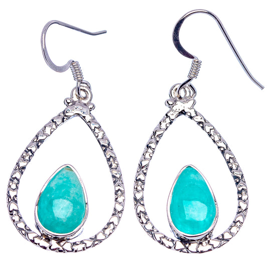 Turquoise teardrop amazonite drop earrings, textured .925 sterling silver teardrop frames