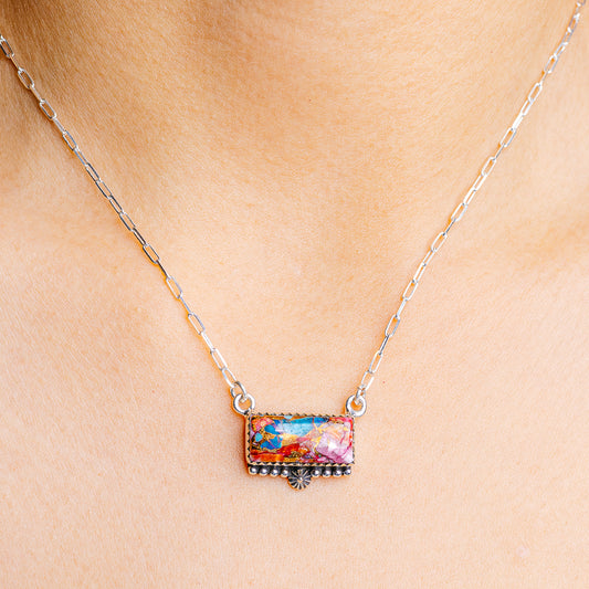 Silver chain necklace with turquoise mosaic rectangle pendant
