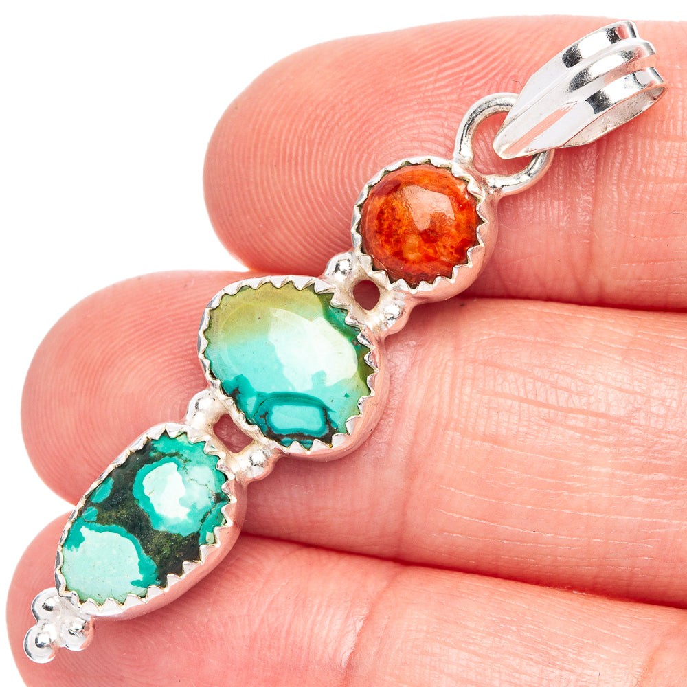 Turquoise and coral stone pendant in 925 sterling silver, three cabochons on link chain