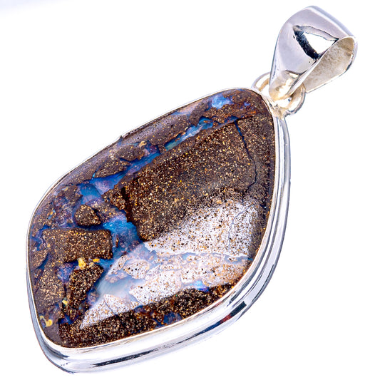 Sterling silver boulder opal pendant with oval teardrop stone, blue flashes in dark matrix.