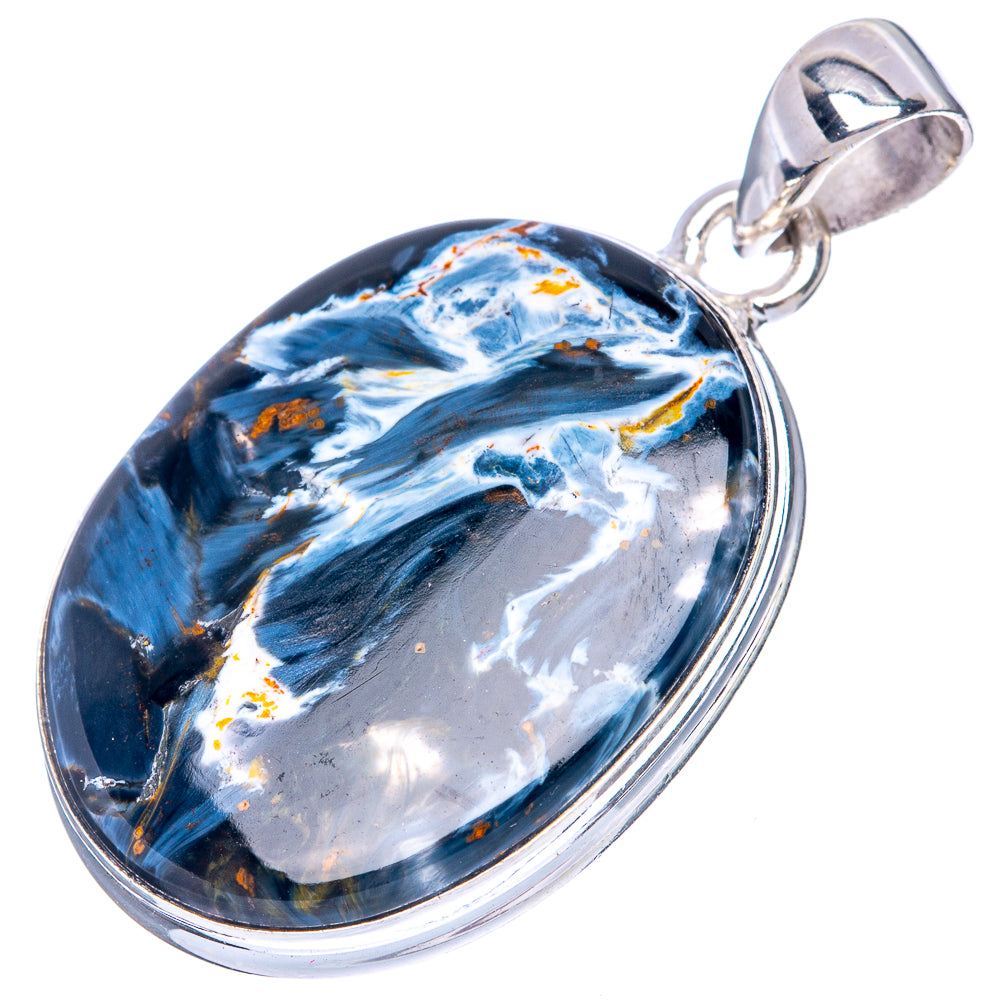 Pietersite pendant with oval blue stone cabochon in sterling silver setting and bail