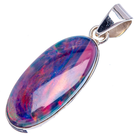Sterling silver oval opal pendant with faceted blue-violet iridescent center stone and bail