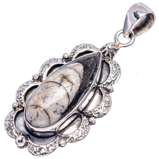 Sterling silver orthoceras fossil pendant, ornate bezel with oval fossil stone and open bail