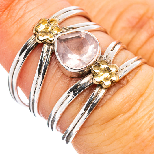 Sterling silver ring with teardrop rose quartz stone and gold flower accents