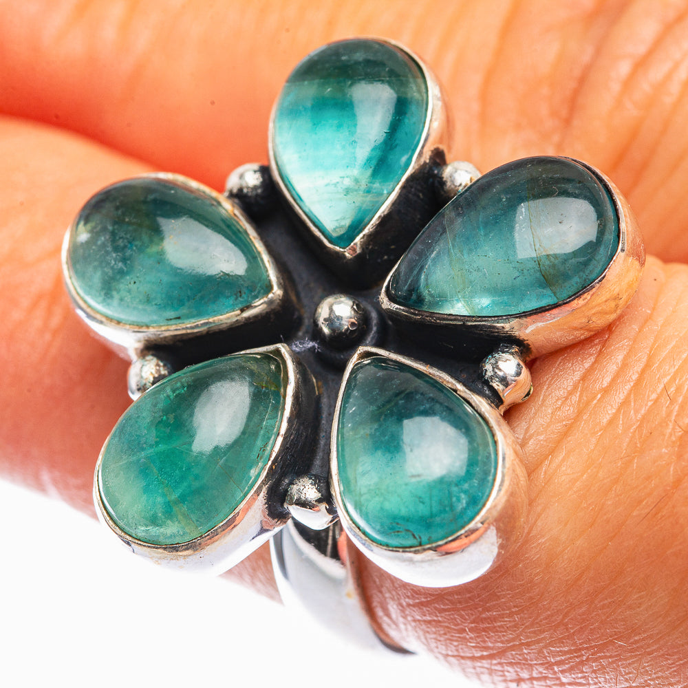 Sterling silver fluorite ring with five oval teal blue gemstones