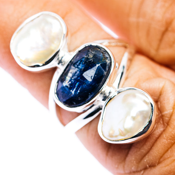 Faceted Kyanite, Baroque Pearl Ring Size 6.25 (.925 Sterling Silver)
