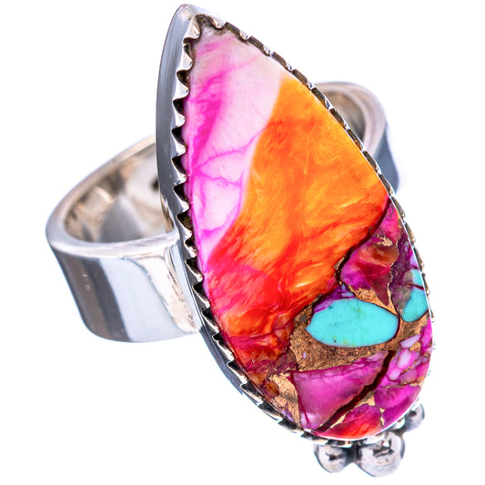 Sterling silver adjustable ring with rainbow teardrop mosaic stone and turquoise detail