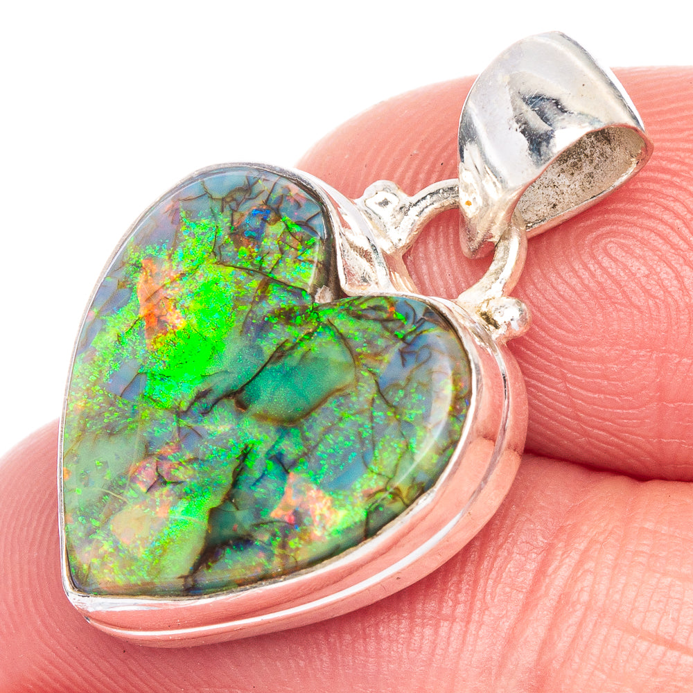 Heart opal pendant, 925 sterling silver heart bezel with green-blue iridescence