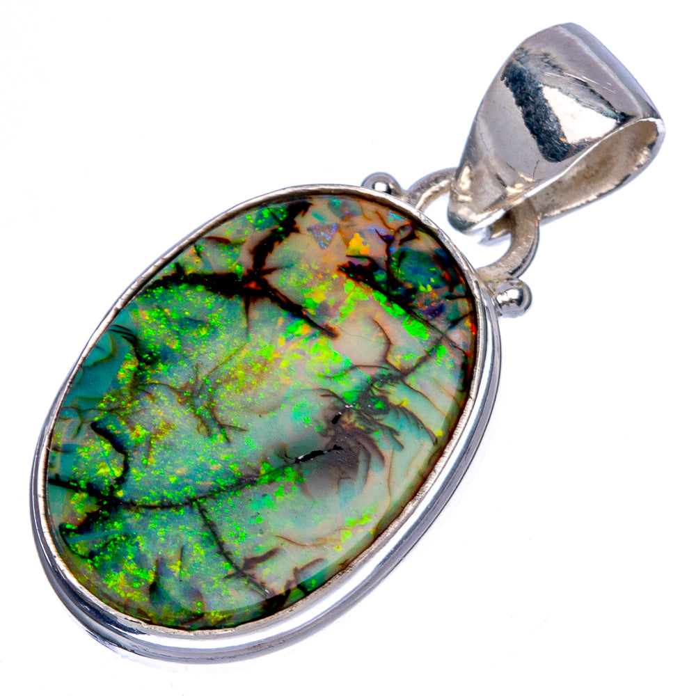 Sterling silver oval opal pendant with bright green-blue pattern, bail and bezel set