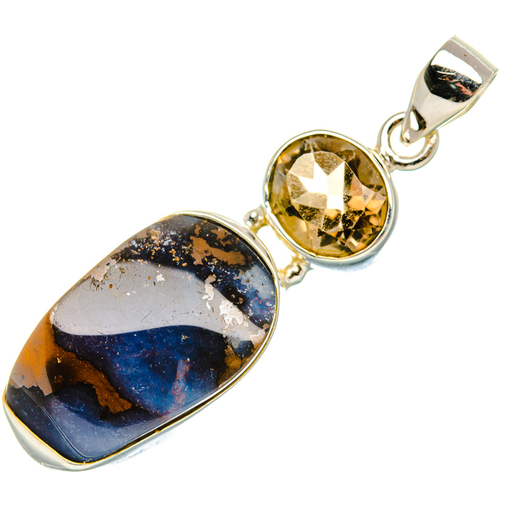 Oval boulder opal and round smoky quartz cabochon pendant in 925 silver