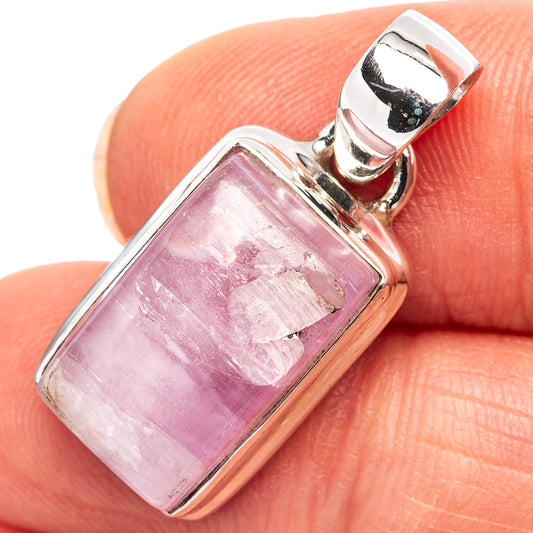 Kunzite pendant with rectangular pink gemstone set in .925 sterling silver bezel.