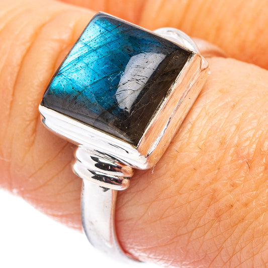 Labradorite sterling silver ring with blue-gray square labradorite stone, bezel set