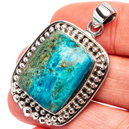 Sterling silver opal pendant with turquoise rectangular cabochon, beaded bezel, bail