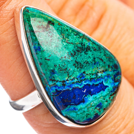 Sterling silver ring with oval blue-green azurite stone, teal and deep blue