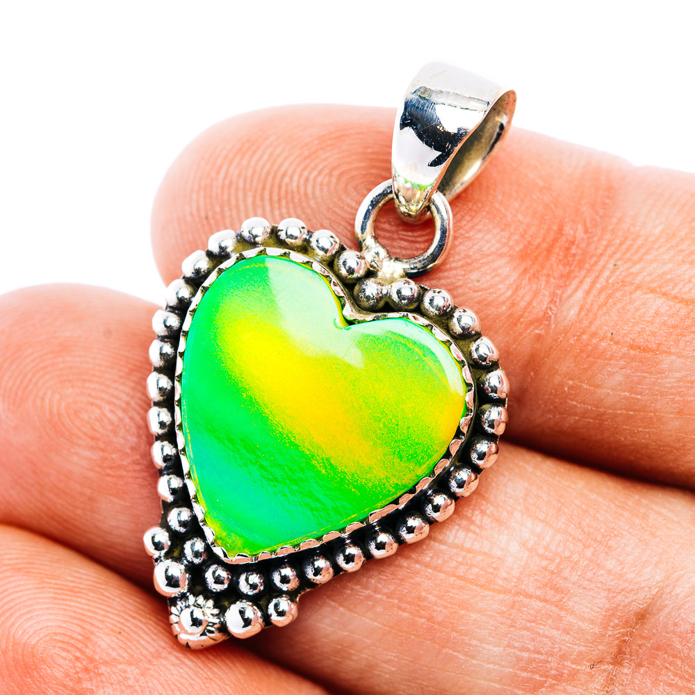 Green Aurora Opal Heart Pendant 1 3/8" (.925 Sterling Silver)