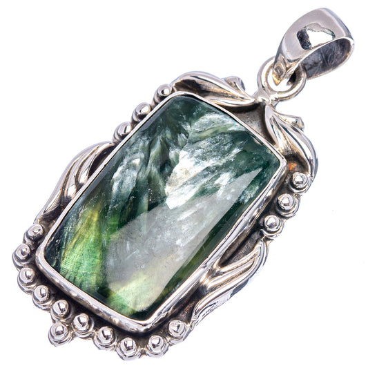 Rectangular green seraphinite pendant in .925 sterling silver bezel with bail