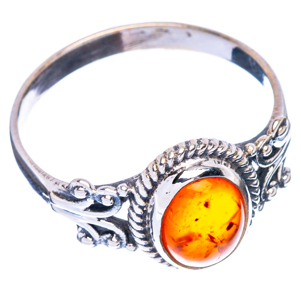 Dainty amber oval sterling silver ring, round filigree bezel and scalloped band