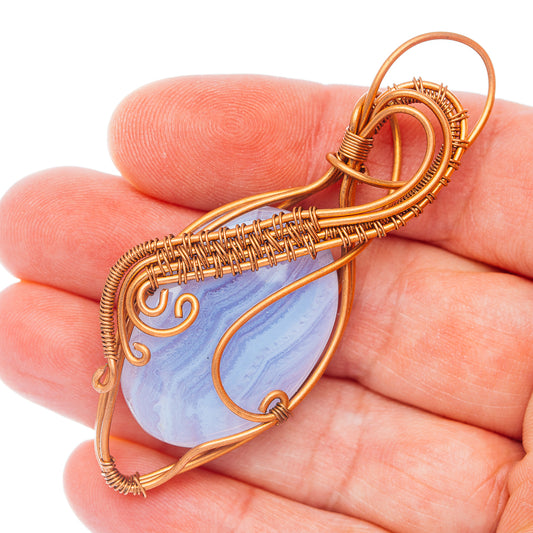 Blue Lace Agate Wire Wrap Pendant 2 5/8" (Copper)