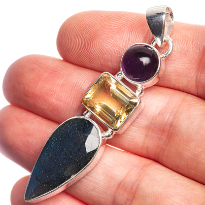Labradorite, Citrine, Amethyst 925 Sterling Silver Pendant 2 1/8"