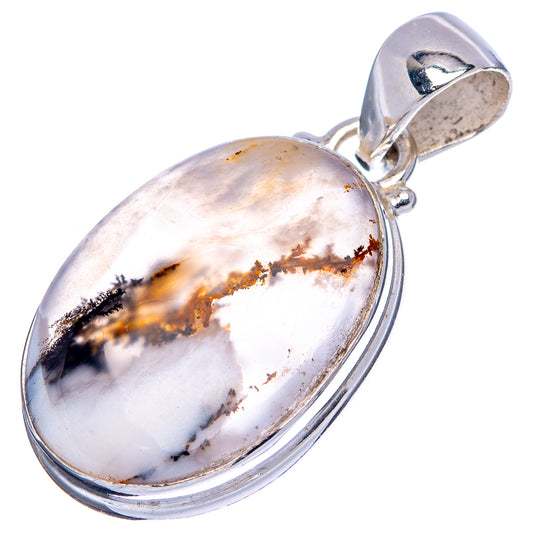 Oval dendritic agate pendant in .925 sterling silver with top bail, white and brown