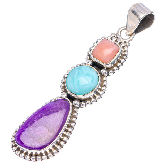 Sterling silver pendant with pink, sky-blue, and purple teardrop stones, loop bail