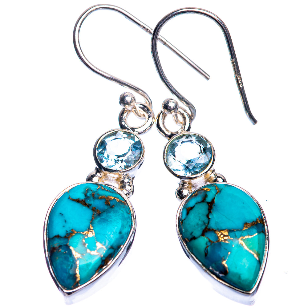 Sterling silver earrings with round blue stones and turquoise teardrop drops