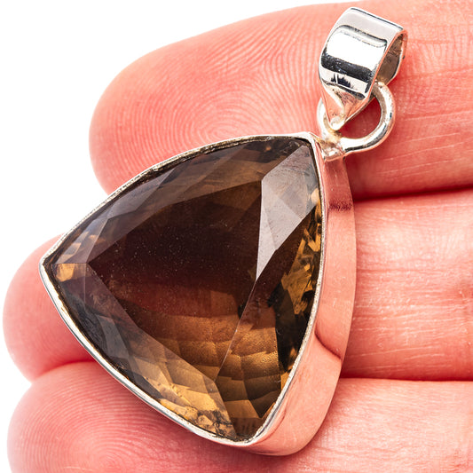 Smoky quartz pendant, faceted dark triangular stone in .925 sterling silver setting