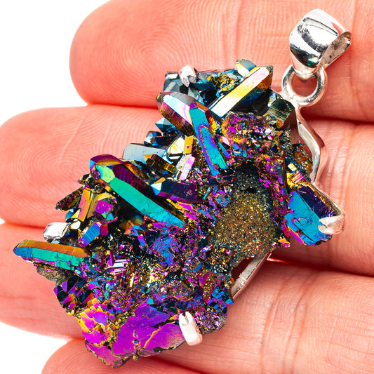 Multicolor aura quartz pendant with silver prong setting and split bail
