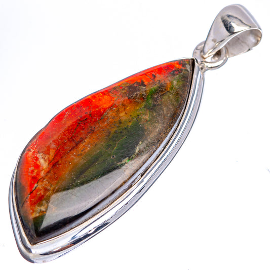 Sterling silver teardrop pendant with iridescent red-green gem cabochon in polished bezel