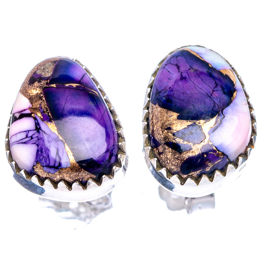 Sterling silver teardrop earrings with purple gemstone, white inlay, and gold bezel