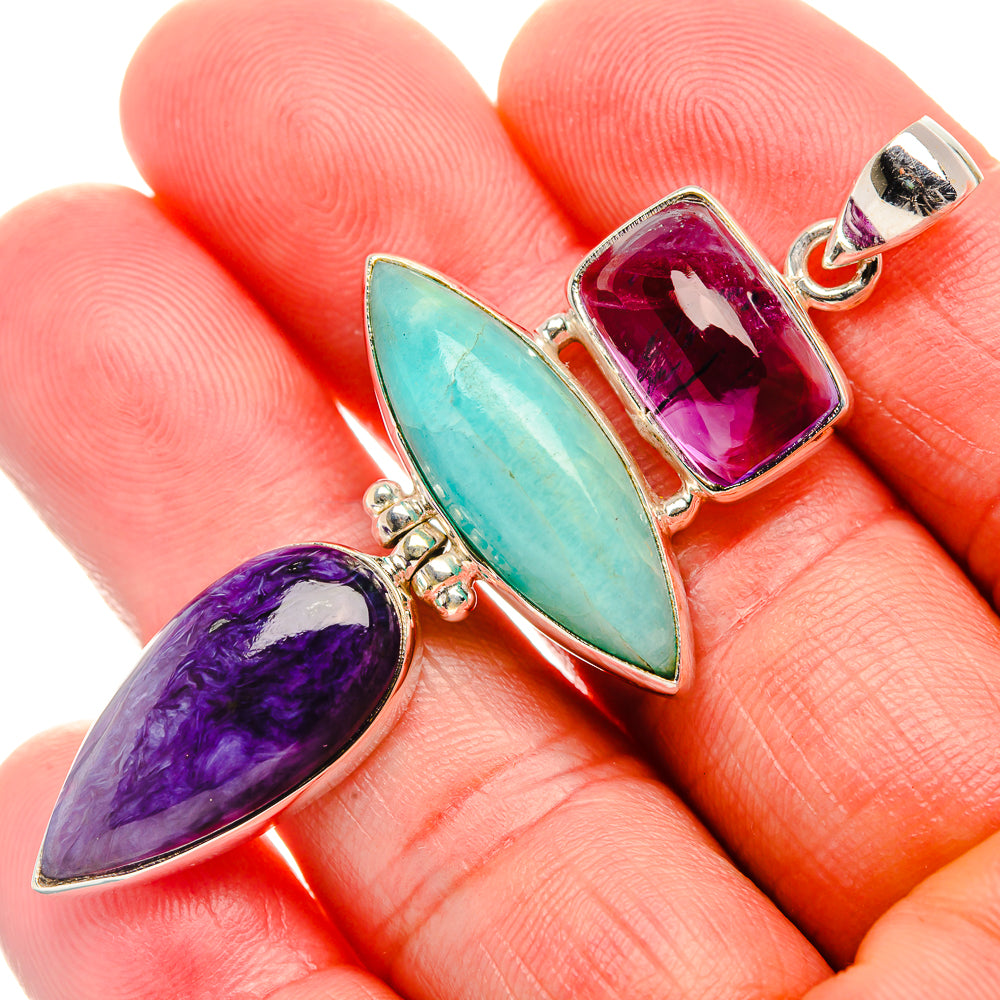 Amazonite, Charoite, Amethyst Pendant 2 1/2" (925 Sterling Silver) PD38211