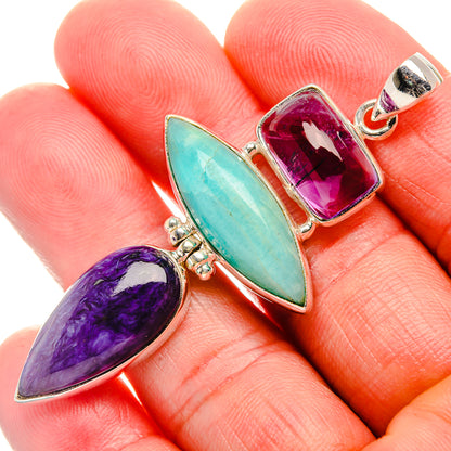 Amazonite, Charoite, Amethyst Pendant 2 1/2" (925 Sterling Silver) PD38211